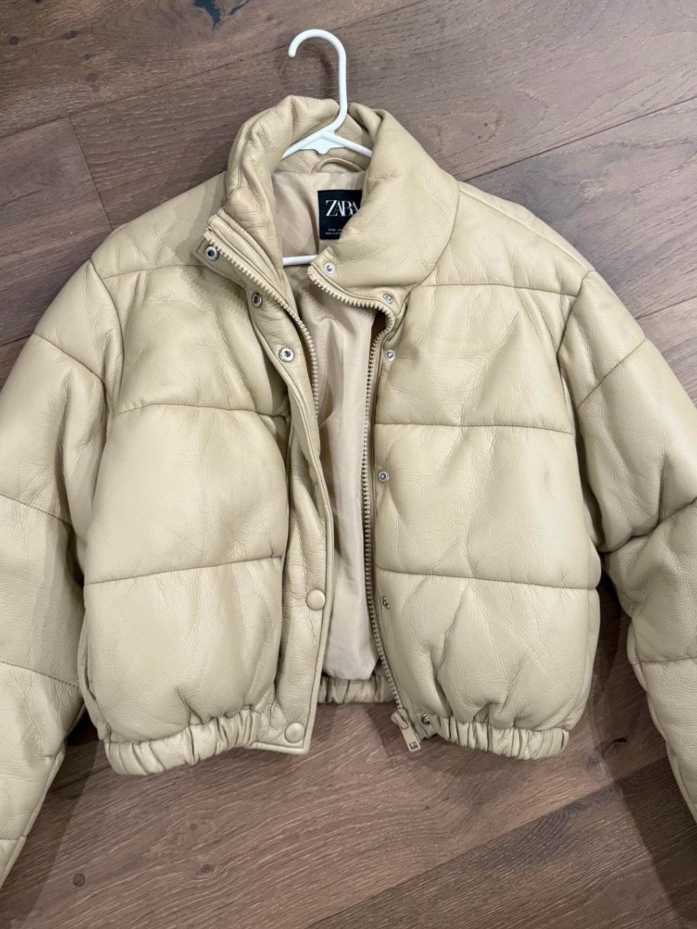 ZARA Beige Faux Leather Puffer Jacket